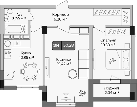 Планировка двухкомнатная 50.28 м² в ЖК «Опера», корпус 1