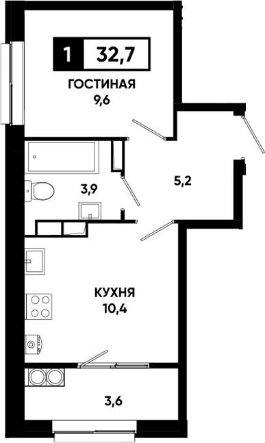 Планировка однокомнатная 32.7 м² в ЖК «Основа. ГК ЮгСтройИнвест. Ставропольский край», корпус 6.2