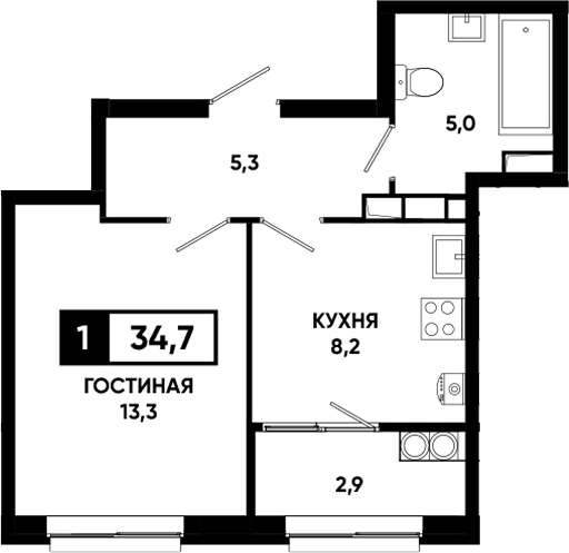 Планировка однокомнатная 34.7 м² в ЖК «Основа. ГК ЮгСтройИнвест. Ставропольский край», корпус 6.2