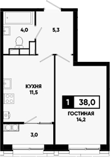 Планировка однокомнатная 38 м² в ЖК «Основа. ГК ЮгСтройИнвест. Ставропольский край», корпус 6.4