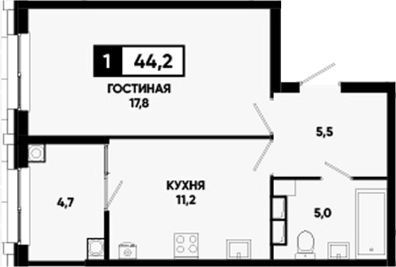Планировка однокомнатная 44.2 м² в ЖК «Основа. ГК ЮгСтройИнвест. Ставропольский край», корпус 6.4