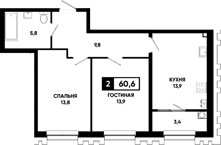 Планировка двухкомнатная 60.6 м² в ЖК «Основа. ГК ЮгСтройИнвест. Ставропольский край», корпус 6.3