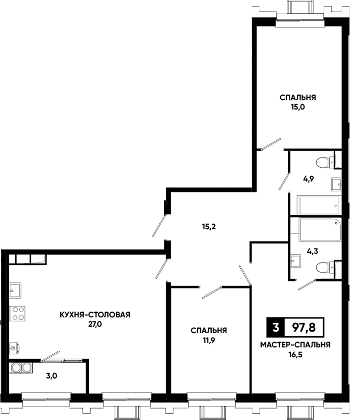 Планировка трёхкомнатная 97.8 м² в ЖК «Основа. ГК ЮгСтройИнвест. Ставропольский край», корпус 6.1