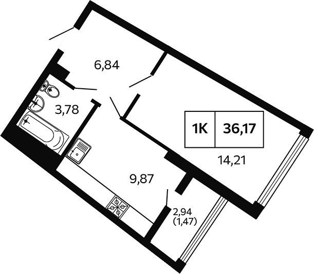 Планировка однокомнатная 36.17 м² в ЖК «Отражение. Носта», корпус БС 3-4