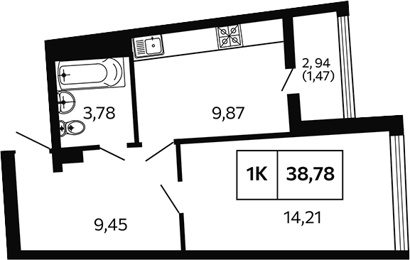 Планировка однокомнатная 38.78 м² в ЖК «Отражение. Носта», корпус БС 3-4