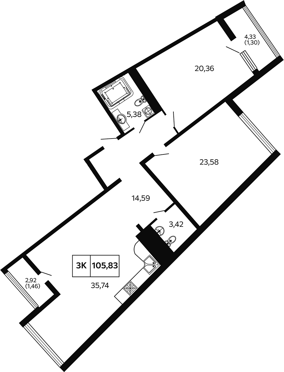 Планировка двухкомнатная 106.95 м² в ЖК «Отражение. Носта», корпус БС 1-2