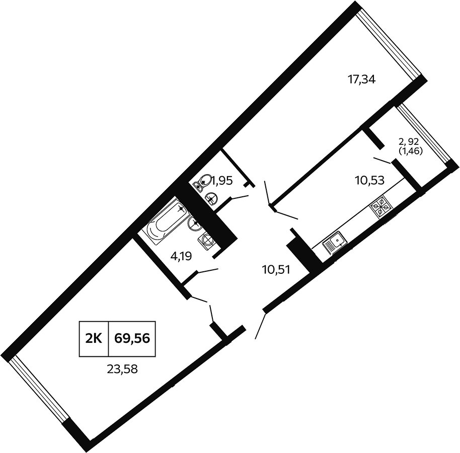 Планировка двухкомнатная 69.56 м² в ЖК «Отражение. Носта», корпус БС 3-4