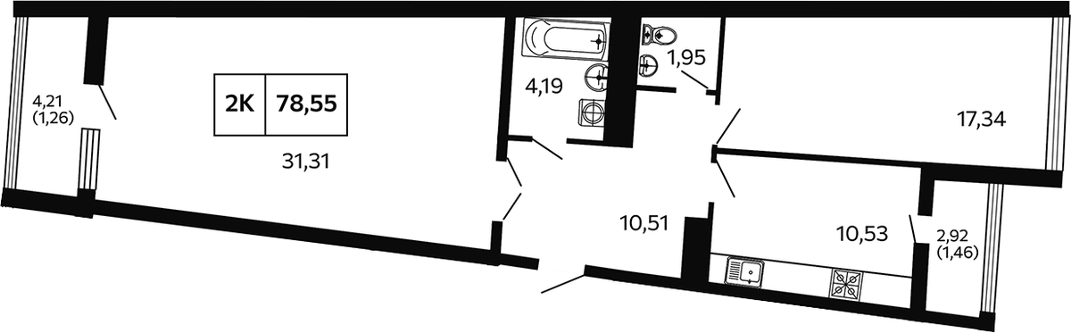 Планировка двухкомнатная 78.55 м² в ЖК «Отражение. Носта», корпус БС 3-4