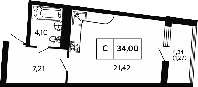 Планировка Студии 34 м² в ЖК «Отражение. Носта», корпус БС 1-2