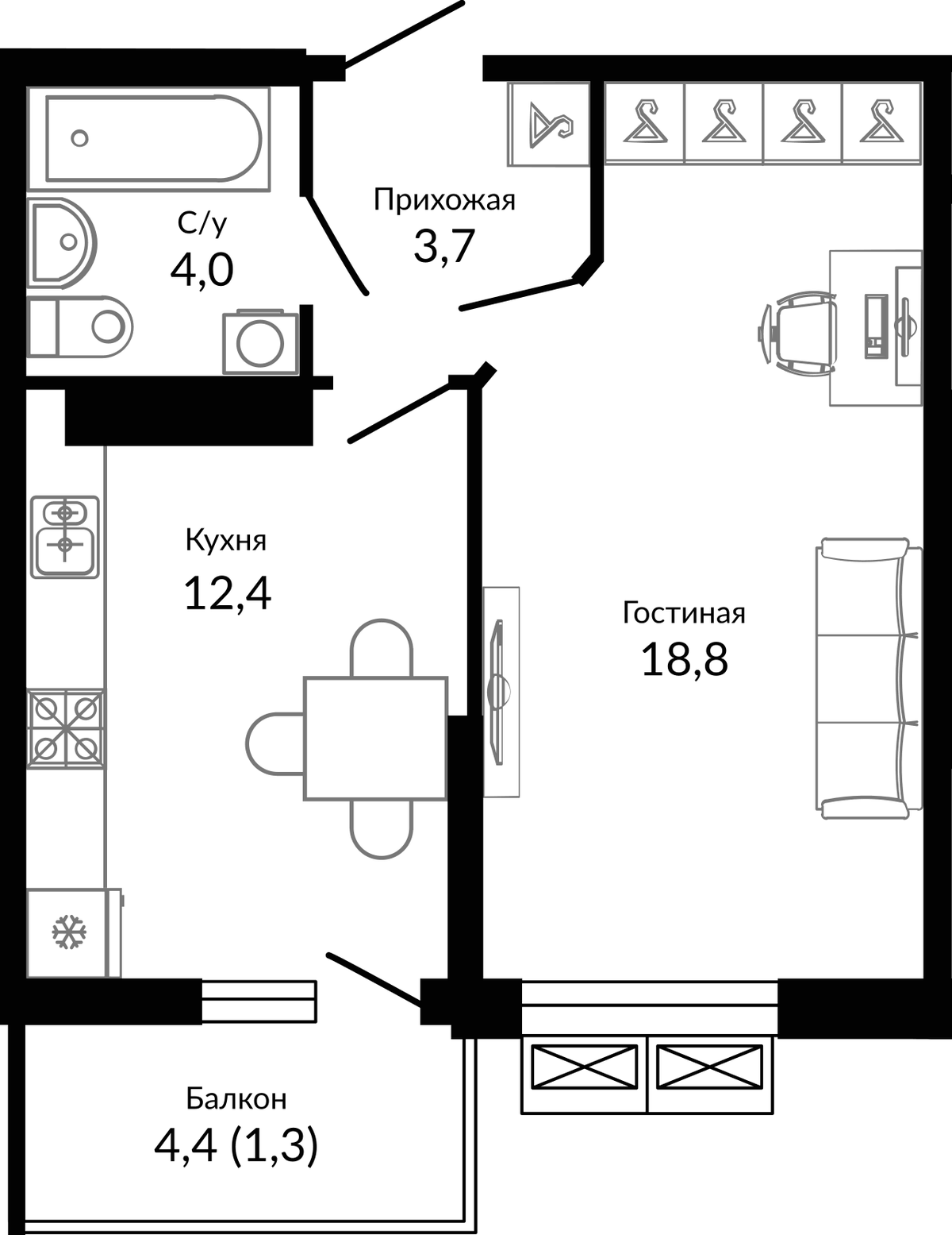 Планировка однокомнатная 41.1 м² в ЖК «Отражение», корпус 1.1