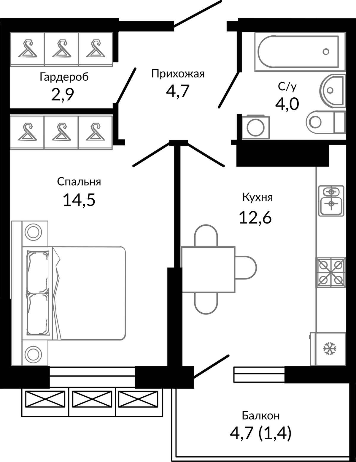 Планировка однокомнатная 41.2 м² в ЖК «Отражение», корпус 1.1