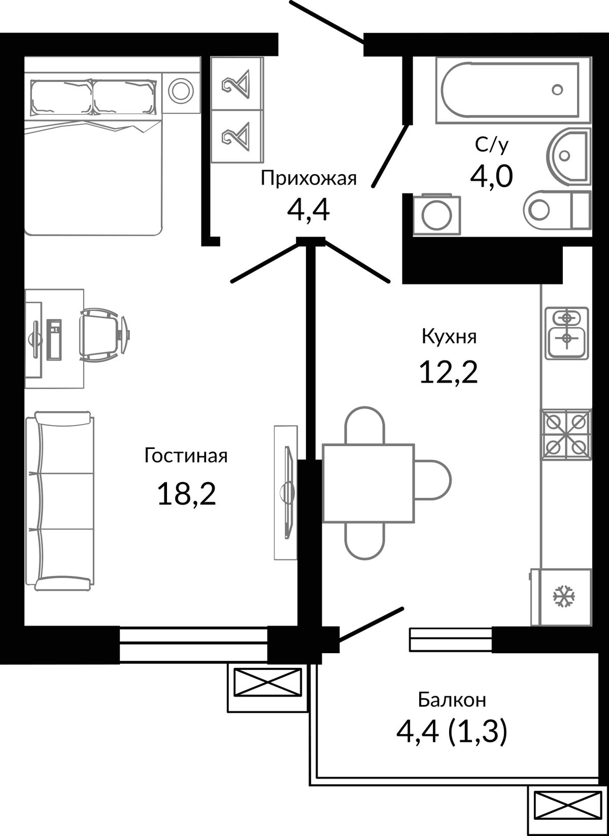 Планировка однокомнатная 41 м² в ЖК «Отражение», корпус 1.1