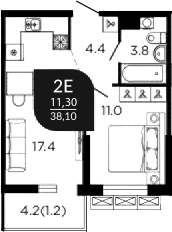 Планировка евродвушка (2Е) 39.4 м² в ЖК «Отражение», корпус 1.1