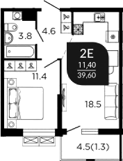 Планировка евродвушка (2Е) 40.8 м² в ЖК «Отражение», корпус 1.1