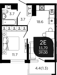 Планировка евродвушка (2Е) 40 м² в ЖК «Отражение», корпус 1.2