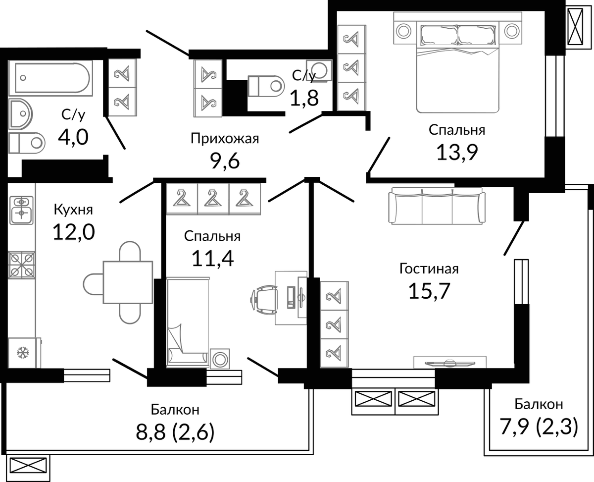 Планировка трёхкомнатная 75.6 м² в ЖК «Отражение», корпус 1.1