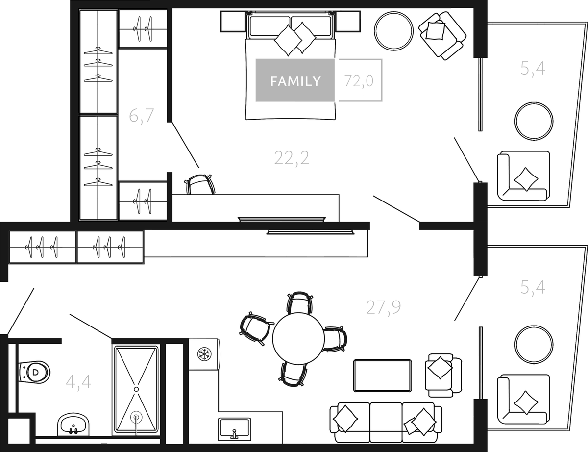 Планировка однокомнатная 72 м² в ЖК «Палаццо Де Агой», корпус 9