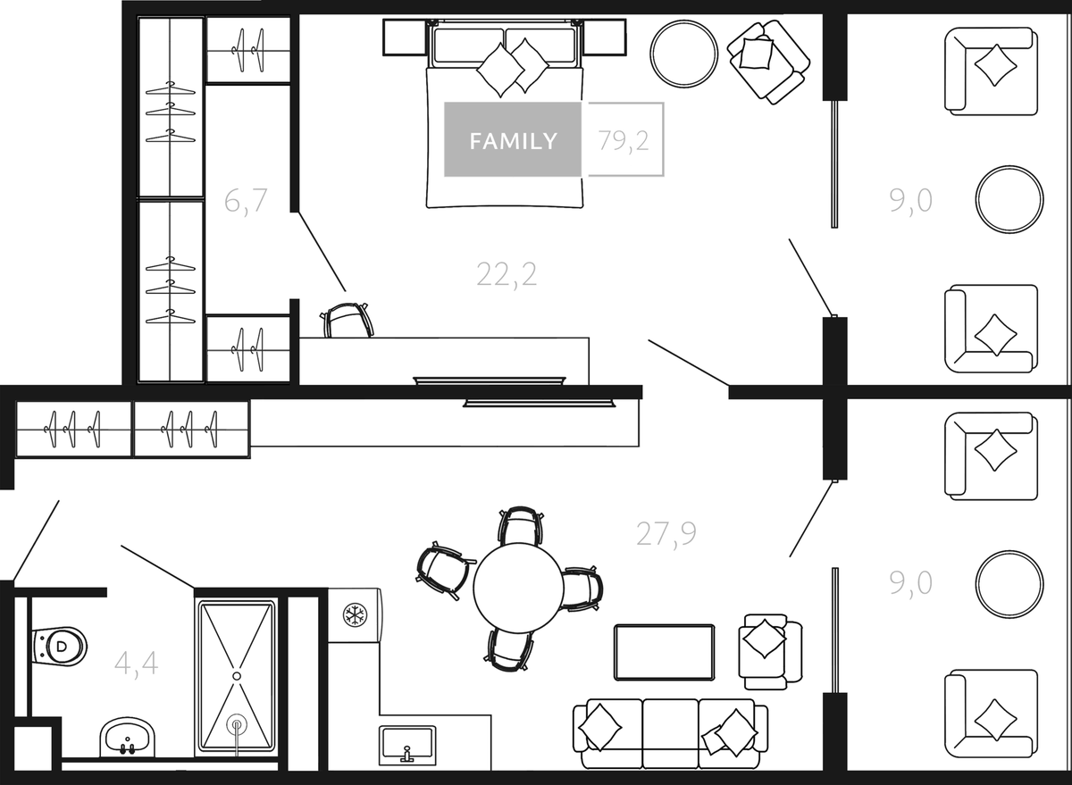 Планировка однокомнатная 79.2 м² в ЖК «Палаццо Де Агой», корпус 9