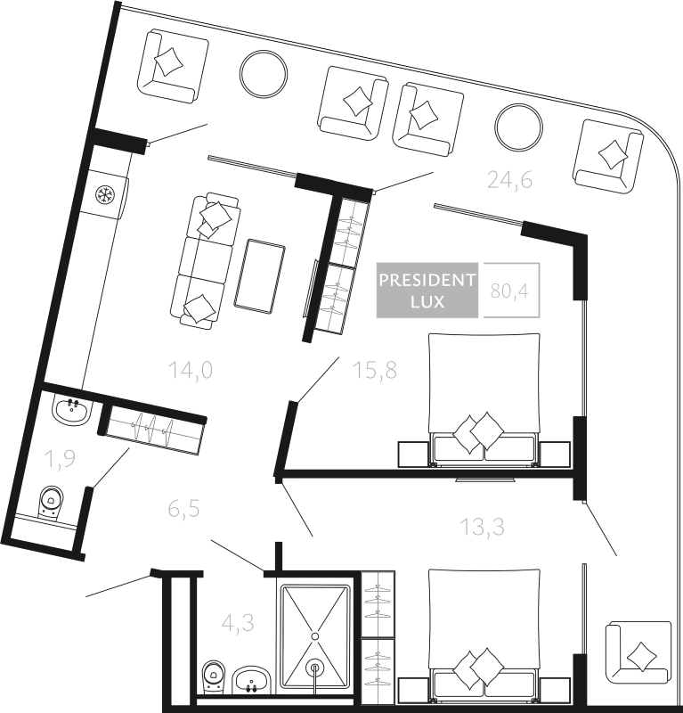 Планировка двухкомнатная 80.4 м² в ЖК «Палаццо Де Агой», корпус 1