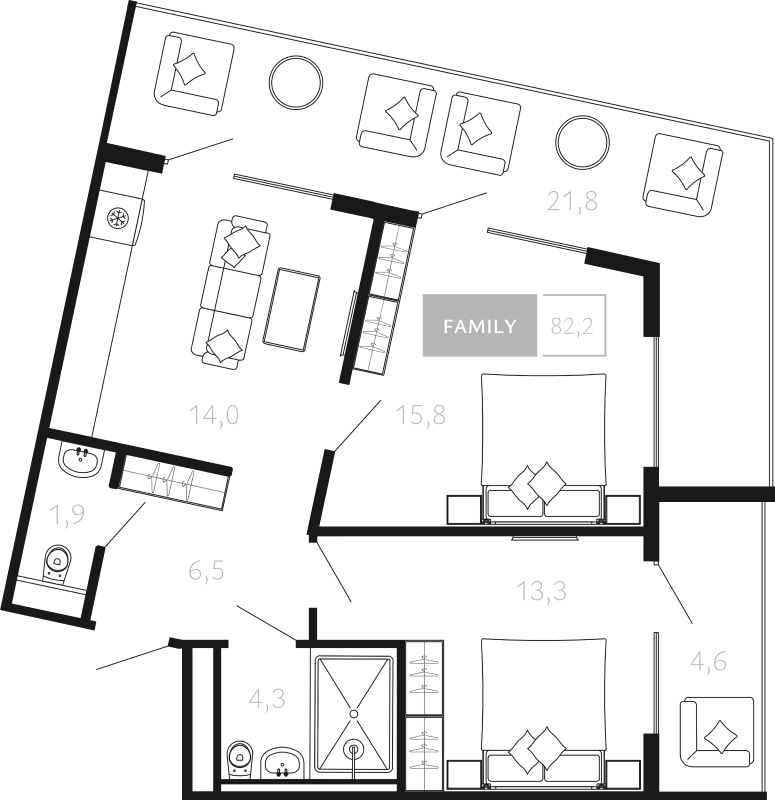 Планировка двухкомнатная 82.2 м² в ЖК «Палаццо Де Агой», корпус 1