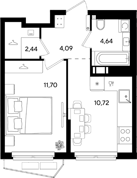 Планировка однокомнатная 33.59 м² в ЖК «Парк Победы 3», корпус 14