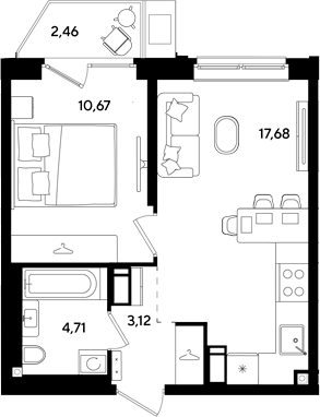 Планировка евродвушка (2Е) 38.64 м² в ЖК «Парк Победы 3», корпус 15