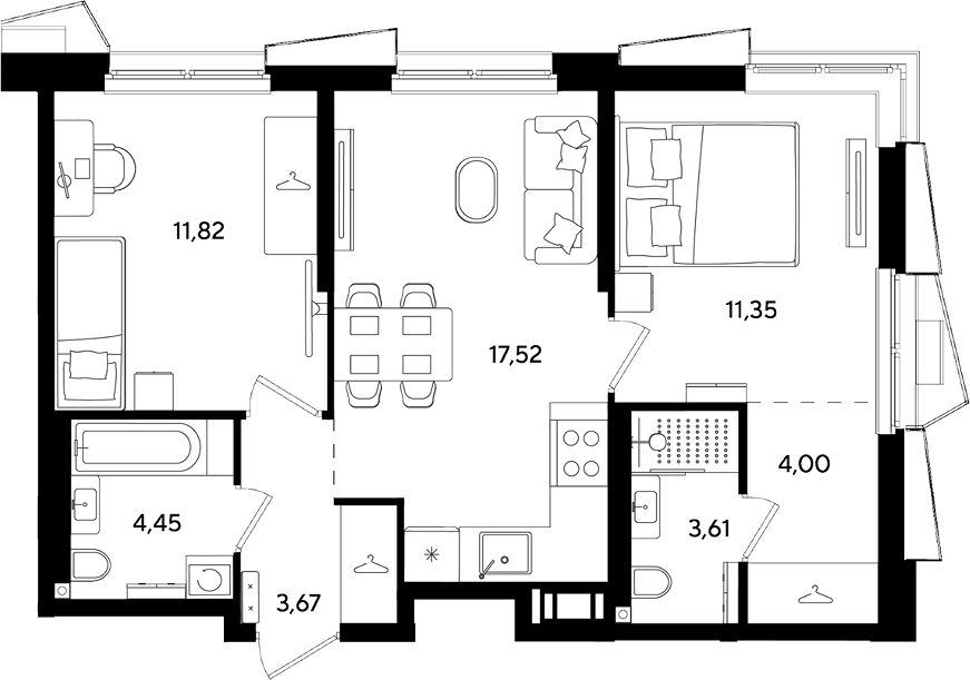 Планировка евротрёшка (3Е) 56.42 м² в ЖК «Парк Победы 3», корпус 14