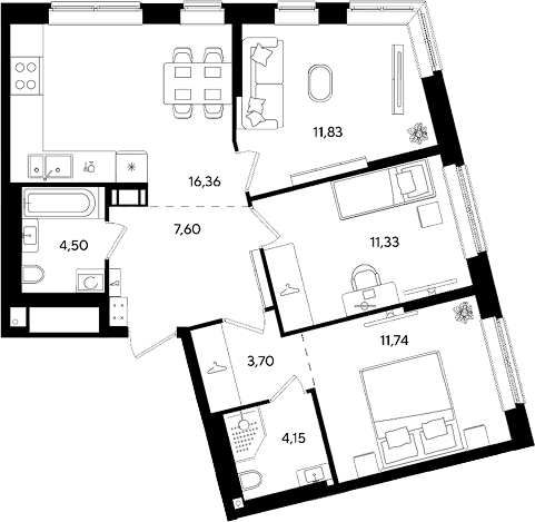 Планировка евро-4 (4Е) 71.21 м² в ЖК «Парк Победы 3», корпус 14