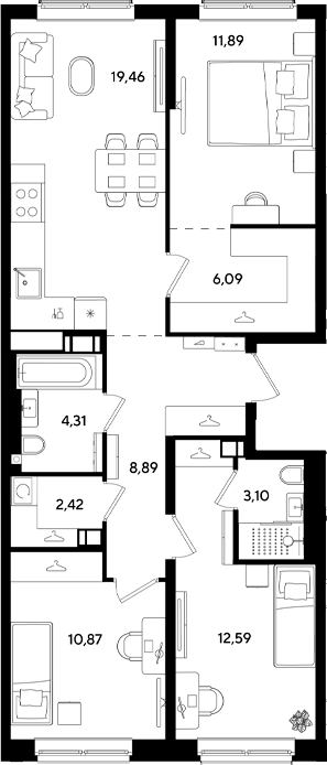 Планировка евро-4 (4Е) 79.62 м² в ЖК «Парк Победы 3», корпус 15