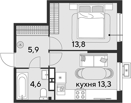 Планировка однокомнатная 37.6 м² в ЖК «Парк Победы», корпус 6
