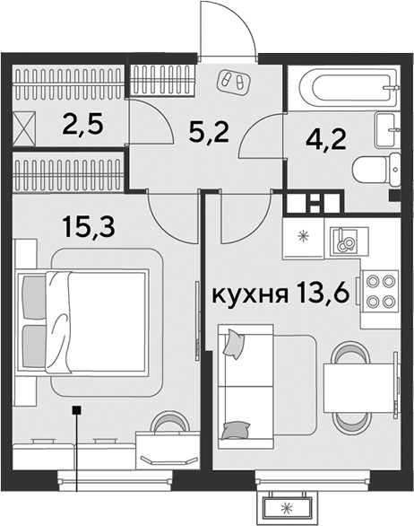 Планировка однокомнатная 40.8 м² в ЖК «Парк Победы», корпус 5