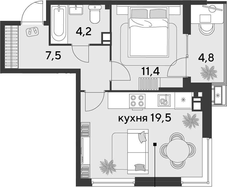 Планировка евродвушка (2Е) 47.4 м² в ЖК «Парк Победы», корпус 24
