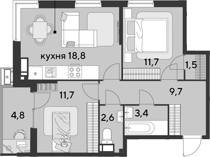 Планировка евротрёшка (3Е) 64.2 м² в ЖК «Парк Победы», корпус 21