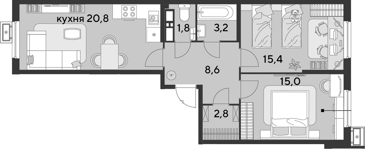 Планировка евротрёшка (3Е) 67.6 м² в ЖК «Парк Победы», корпус 21