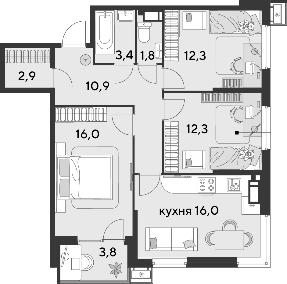 Планировка евро-4 (4Е) 79.4 м² в ЖК «Парк Победы», корпус 21
