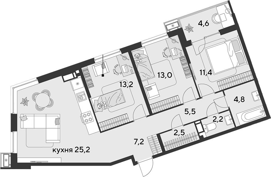 Планировка евро-4 (4Е) 89.6 м² в ЖК «Парк Победы», корпус 19