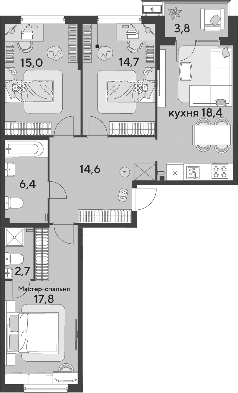 Планировка евро-4 (4Е) 93.4 м² в ЖК «Парк Победы», корпус 31