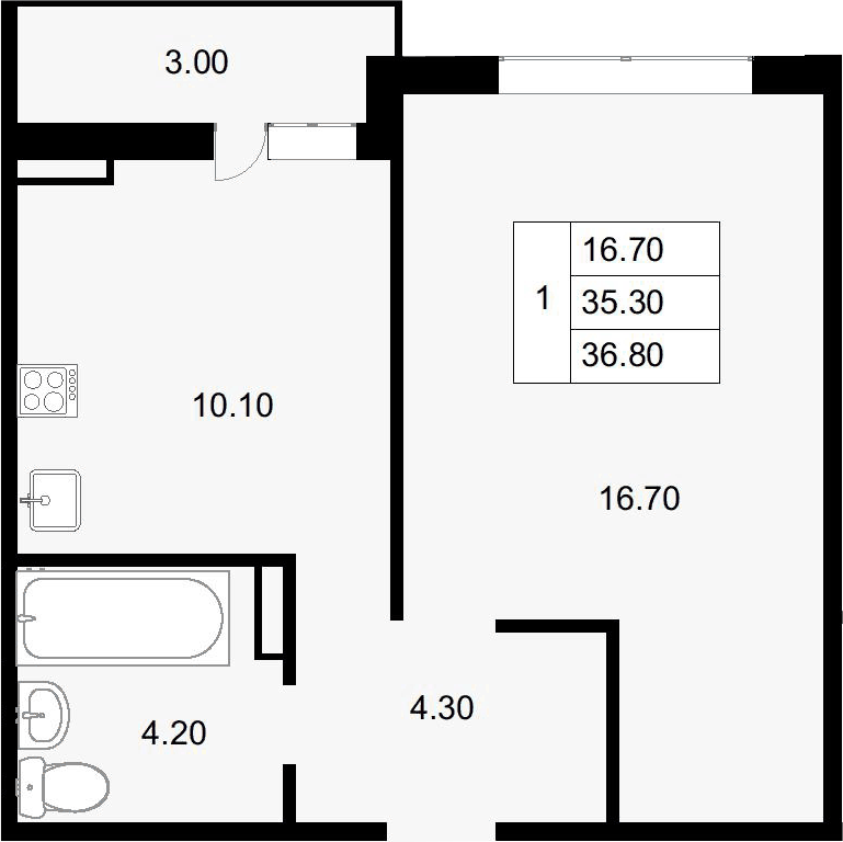 Планировка однокомнатная 36.8 м² в ЖК «Парк у дома», корпус 7.1
