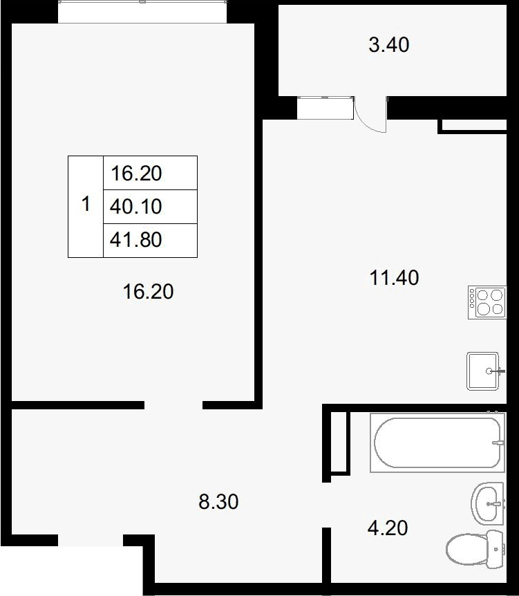 Планировка однокомнатная 41.8 м² в ЖК «Парк у дома», корпус 7.1