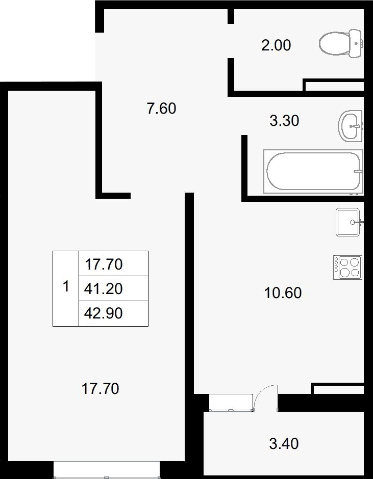 Планировка однокомнатная 42.9 м² в ЖК «Парк у дома», корпус 7.1