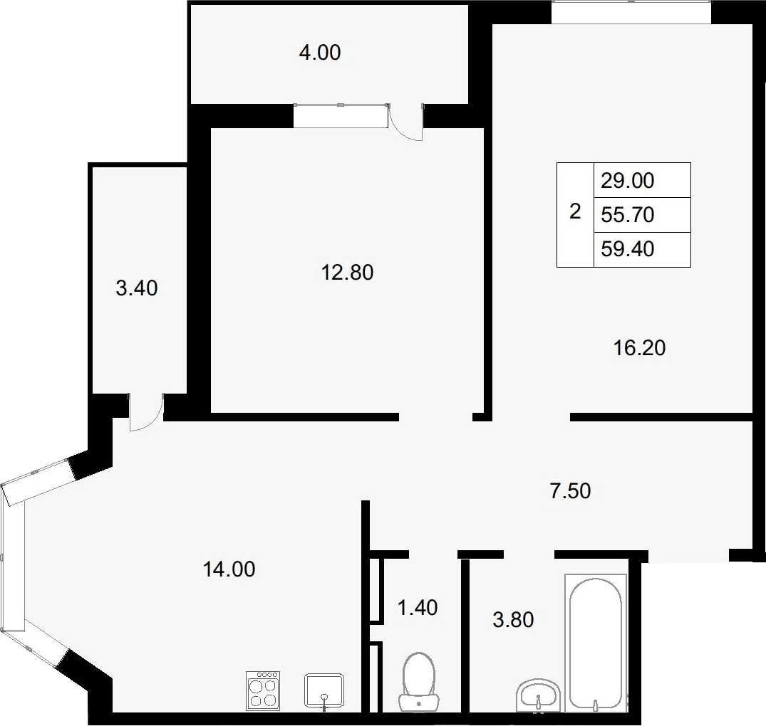 Планировка двухкомнатная 59.4 м² в ЖК «Парк у дома», корпус 7.1