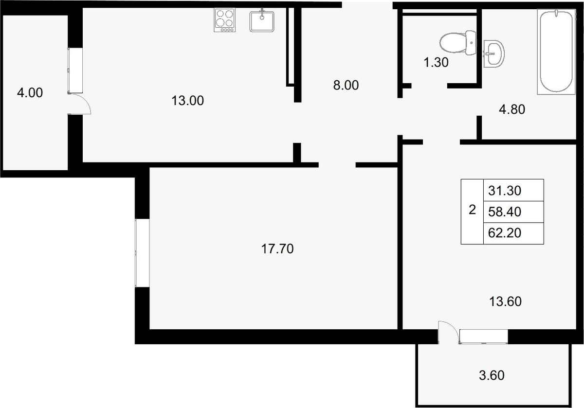 Планировка двухкомнатная 62.2 м² в ЖК «Парк у дома», корпус 7.1