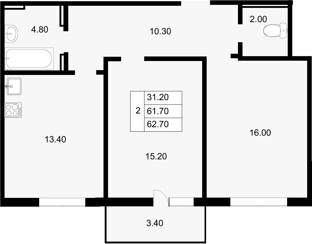 Планировка двухкомнатная 62.7 м² в ЖК «Парк у дома», корпус 7.1