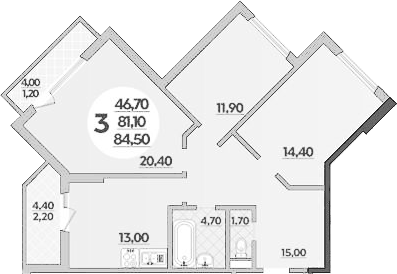 Планировка трёхкомнатная 84 м² в ЖК «Парк у дома», корпус 7.2