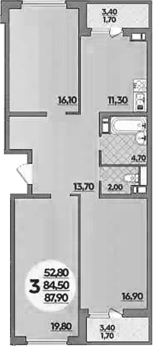 Планировка трёхкомнатная 87.6 м² в ЖК «Парк у дома», корпус 7.3