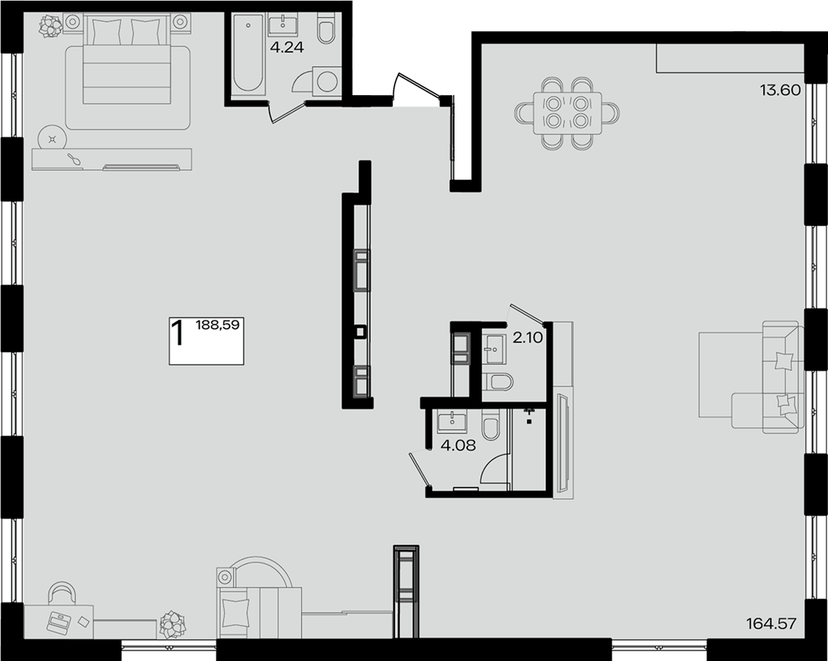 Планировка однокомнатная 188.58 м² в ЖК «Патрики», корпус 5.1