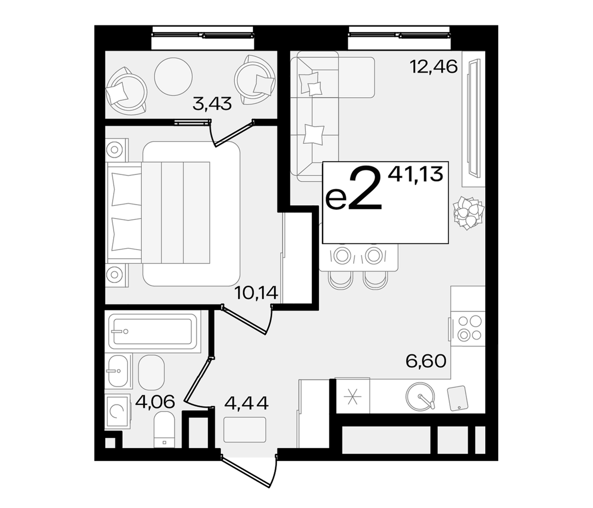 Планировка евродвушка (2Е) 41.13 м² в ЖК «Патрики», корпус 1.1