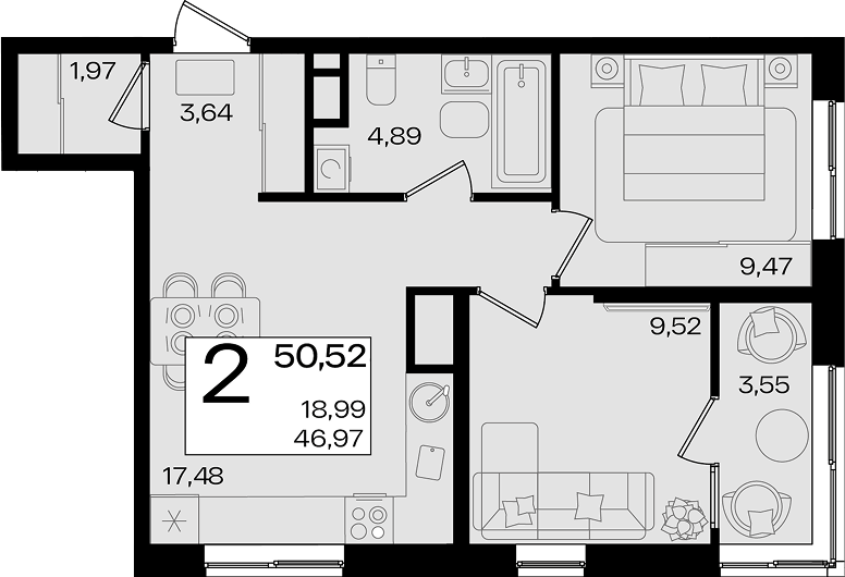 Планировка евротрёшка (3Е) 50.52 м² в ЖК «Патрики», корпус 1.4