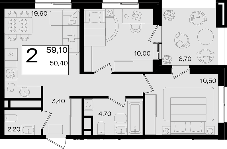 Планировка евротрёшка (3Е) 59.1 м² в ЖК «Патрики», корпус 1.3