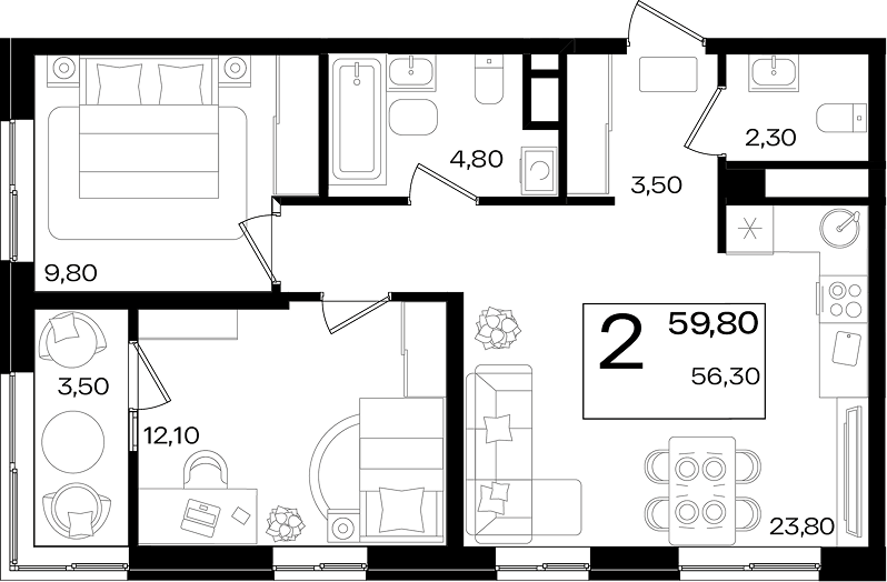 Планировка евротрёшка (3Е) 59.8 м² в ЖК «Патрики», корпус 1.3